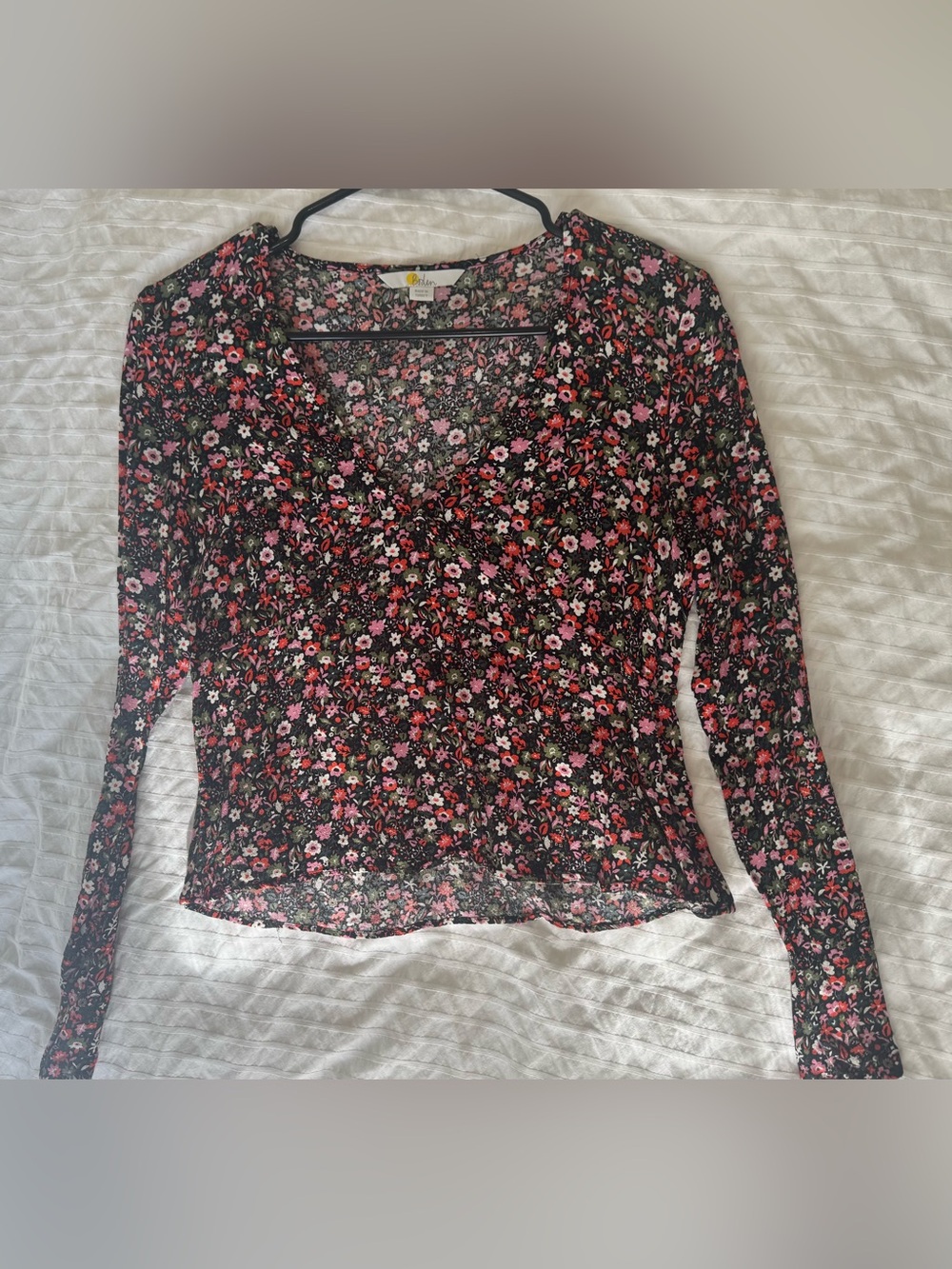BODEN Floral Long-Sleeve Top - Black with Pink & Red Flowers